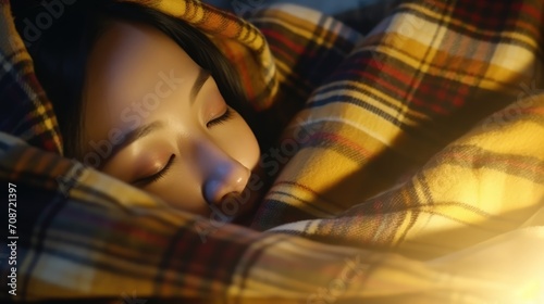 The close-up reveals the woman at rest in her bed, embraced by a gentle warm colored blanket, her serene slumber a testament to the peace and comfort of her room.