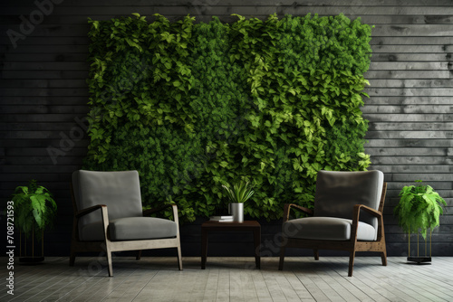 Stylish living room interior with comfortable armchairs, coffee table. Vertical garden - wall design of green plants. Architecture, decor, eco concept