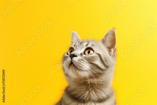 Curious tabby cat with striking eyes against yellow background. Pet portrait.