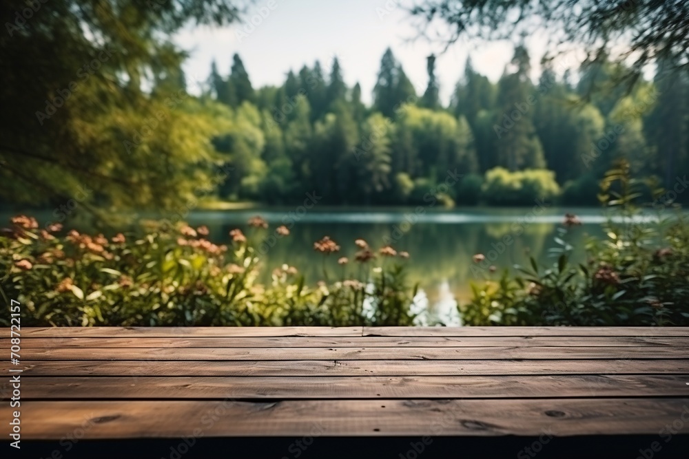 Wooden table by the lake in the forest Wooden table by the lake in the forest