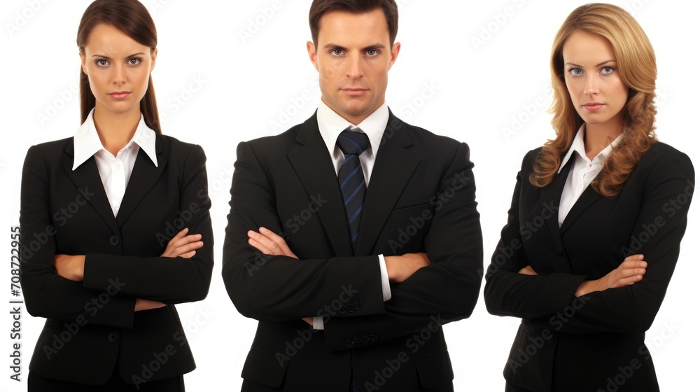 Business professionals in smart attire stand together, exuding confidence and competence against a white backdrop.