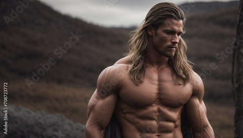 Man With Long Hair Walking Shirtless on Trail. Generative AI.