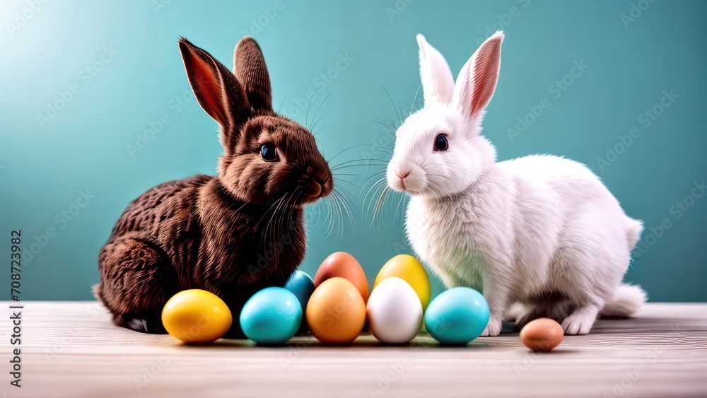 Fototapeta premium Rabbits and colored eggs on a light background with space for text. Easter holiday.