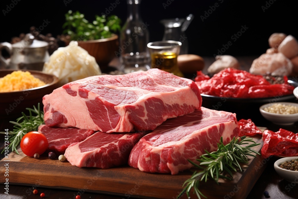 Fresh and raw beef tenderloin steaks on a wooden cutting board