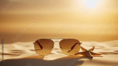 Sunglasses lie on the beach near the sea (ocean)