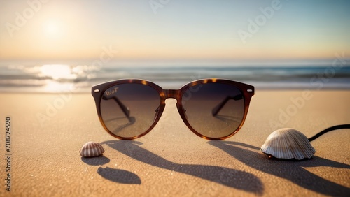 Sunglasses lie on the beach near the sea (ocean)