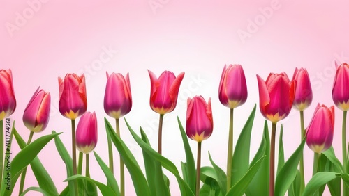 A lot of pink tulips on the light background. Beautiful festive background.