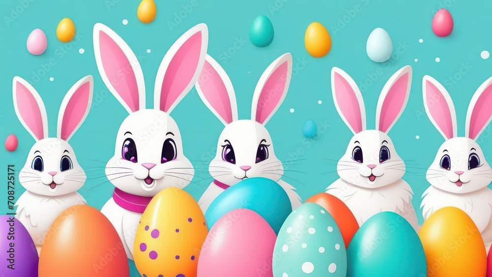 Rabbits and colored eggs on a light background. Easter holiday. Rabbits and colored eggs on a light background. Easter holiday.