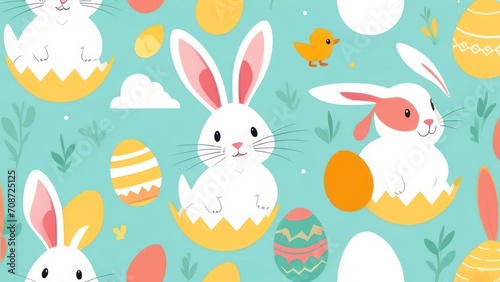 Rabbits and colored eggs on a light background. Easter holiday.