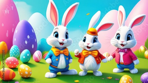 Rabbits and colored eggs on a light background. Easter holiday.