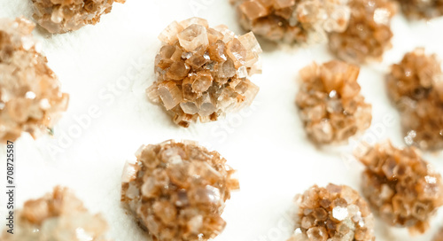 Small pieces of aragonite stones. Mineral exchange. 