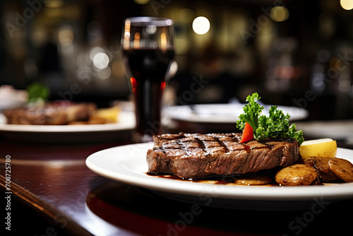 A delicious grilled beef steak, adorned with rosemary, served on a wooden plate with fresh vegetables and salad.