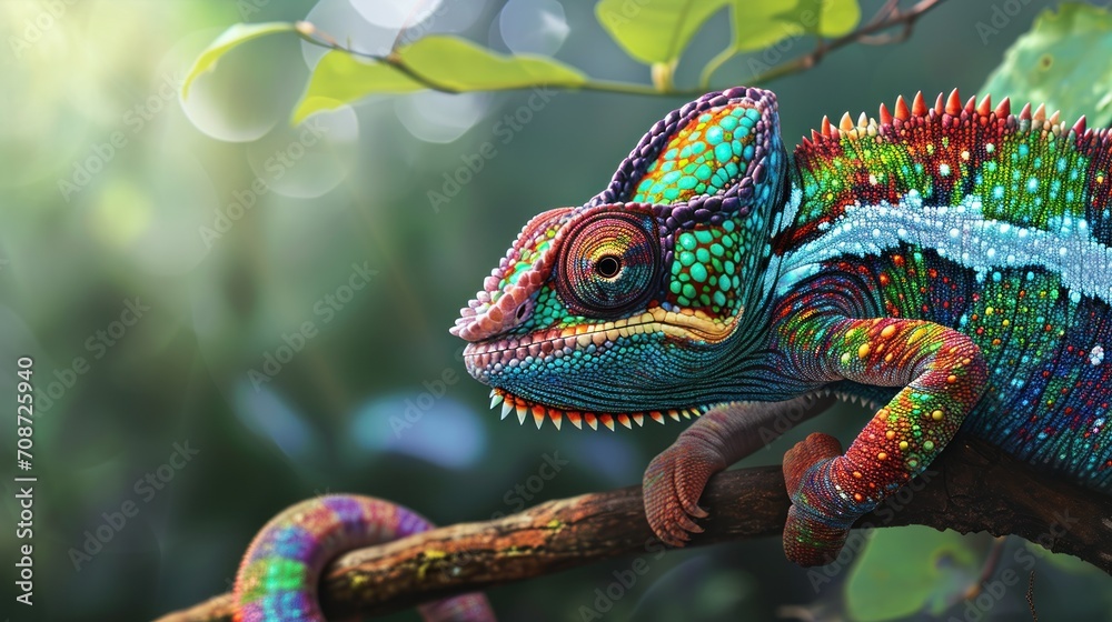 a colorful chamelon sitting on top of a tree branch in front of a green leafy background with sunlight coming through the leaves on the branch and behind the chamelon. a colorful chamelon sitting on top of a tree branch in front of a green leafy background with sunlight coming through the leaves on the branch and behind the chamelon.