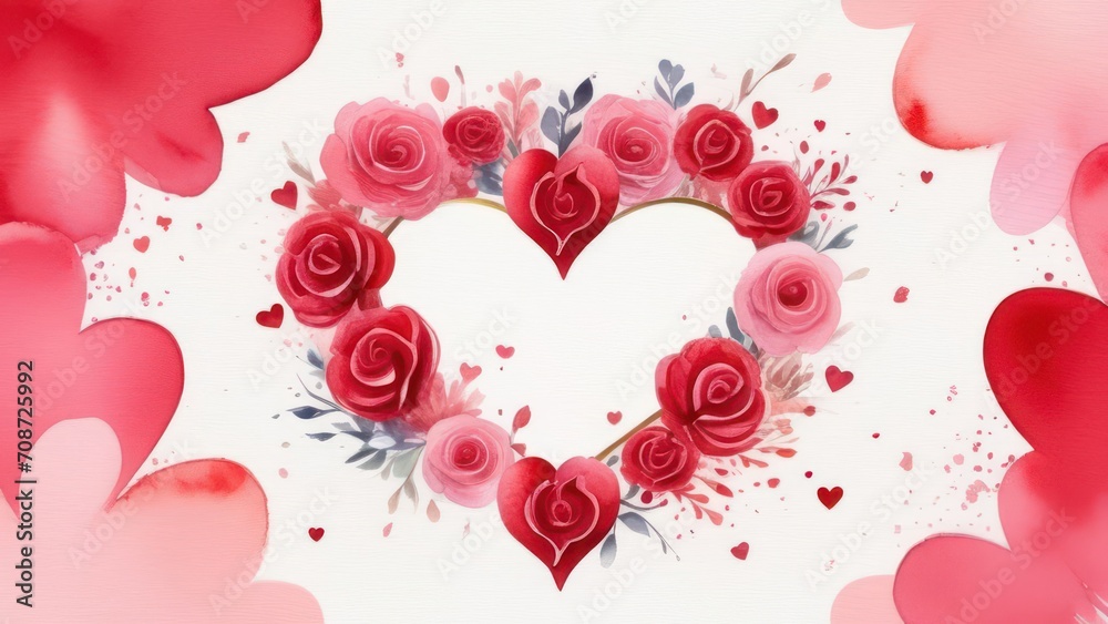 Red roses and hearts. Beautiful festive background with place for text.