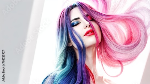 Beautiful girl with colored hair on a light background