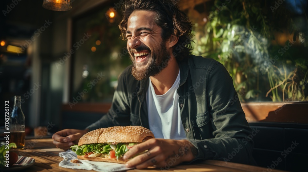 Bearded man eating a sandwich and laughing Bearded man eating a sandwich and laughing