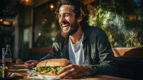 Bearded man eating a sandwich and laughing