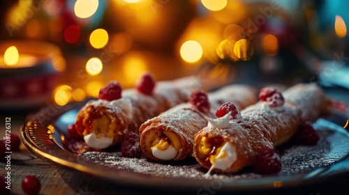  a plate filled with crepes covered in powdered sugar and topped with raspberries and powdered sugar, on a table with candles in the background.