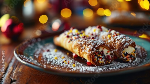  a plate of pastries covered in powdered sugar and sprinkles on a wooden table with a blurry background of lights and boke boke.