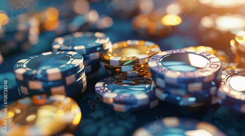 a pile of golden poker chips on a black background photo