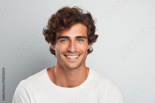 A photo portrait of a beautiful man over 20 years old in glasses, smiling with clean teeth, perfect teeth. To advertise dentistry