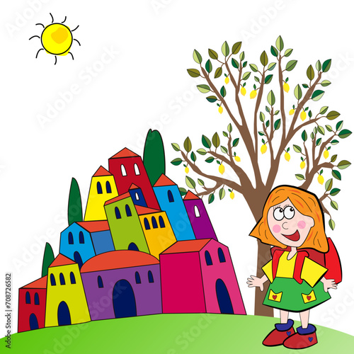 Niña con mochila y casas de colores alegres.


