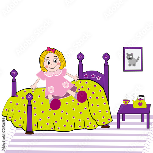 Niña sentada en la cama de su habitación.