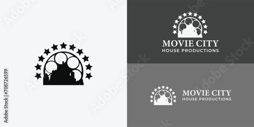 Silhouette City movie logo design inspiration is presented with multiple background colors and it is suitable for the movie production company logo design inspiration template