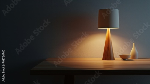  a lamp sitting on top of a wooden table next to a vase on top of a table next to a lamp on top of a wooden table next to a wall.