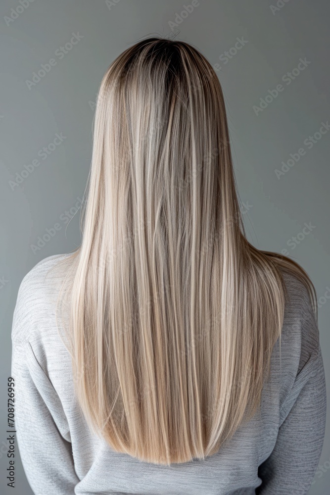 back view young woman with long blond hair on studio background back view young woman with long blond hair on studio background