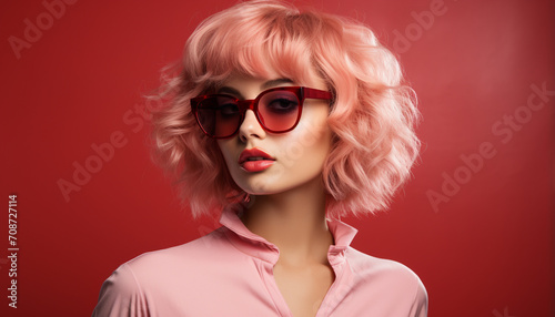 Young adult woman with blond hair and sunglasses exudes elegance generated by AI