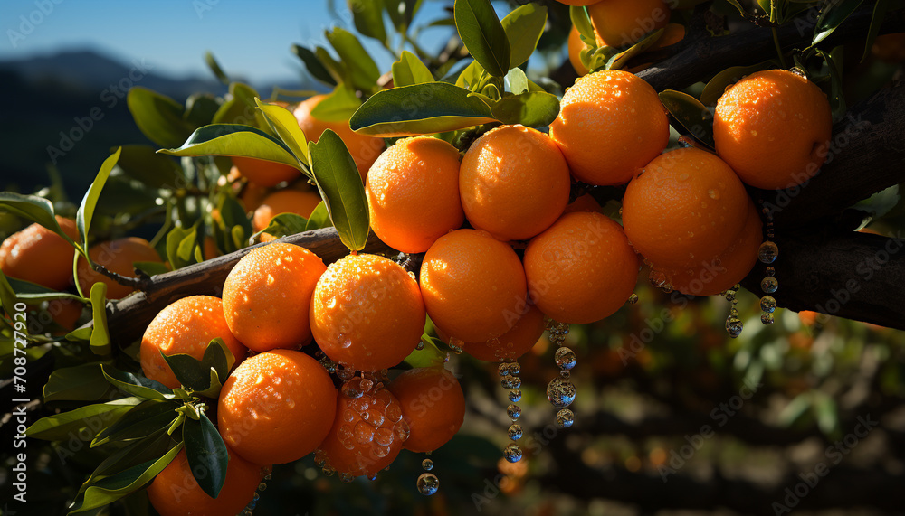 Fresh citrus fruit hanging from a green tree in nature generated by AI