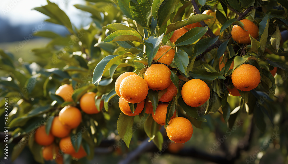 Fresh citrus fruit hanging from a green tree in nature generated by AI