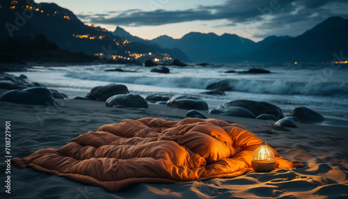 Relaxation in nature sunset, water wave, tranquil scene, beauty generated by AI