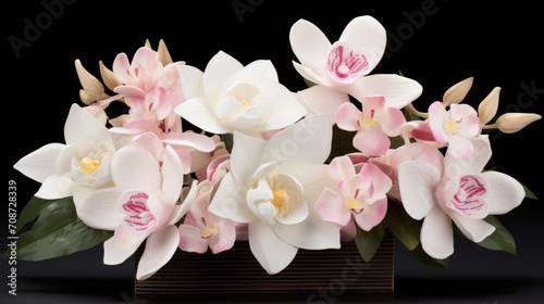 A realistic tropical flower arrangement featuring orchids. The flowers against a dark background. Concept greeting card