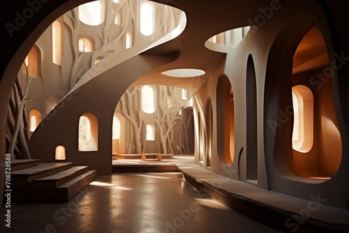 An architectural visualization of a modern interior space with organic shapes and warm lighting. The architecture features smooth curves and large windows that allow natural light 