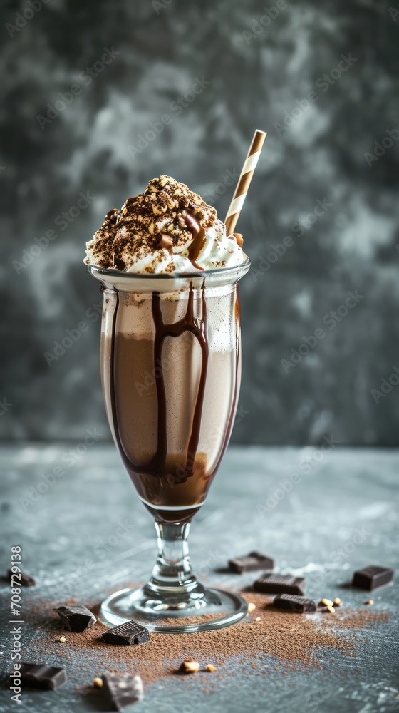 Chocolate milkshake with whipped cream and straw. Food photography. Isolated background Chocolate milkshake with whipped cream and straw. Food photography. Isolated background