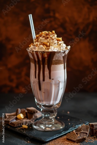 Chocolate milkshake with whipped cream and straw. Food photography. Isolated background