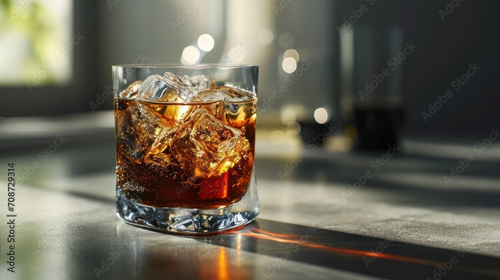  a close up of a glass of soda on a table with a light shining on the side of the glass and the top of the glass has ice cubes in it. - obrazy, fototapety, plakaty 