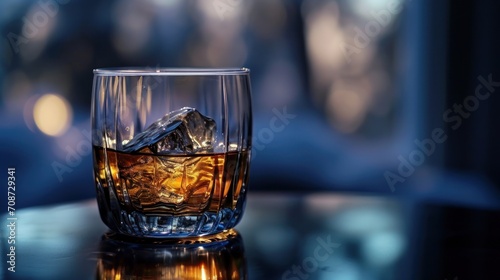  a glass of whiskey with ice cubes on a table in a dimly lit room with a blurry background of a couch and a table with a glass of ice cubes in the foreground.