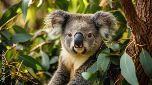  a close up of a koala in a tree looking at the camera with a blurry background of leaves and a blurry foreground of the koala.