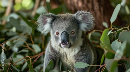  a close up of a koala in a tree looking at the camera with a blurry background of leaves and a tree with a tree trunk in the foreground.