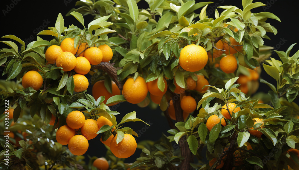 Fresh orange fruit hanging from a vibrant green tree branch generated by AI