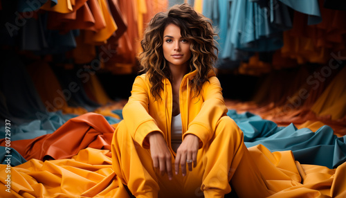 Young woman sitting, looking at camera, smiling, wearing yellow dress generated by AI