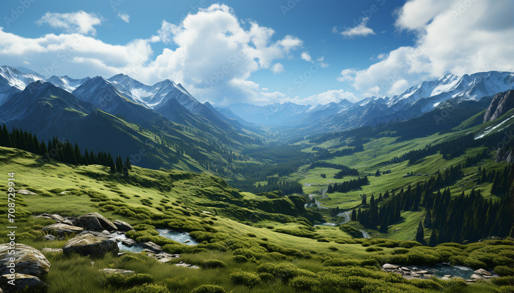 Majestic mountain peak, green meadow, tranquil forest, blue sky generated by AI