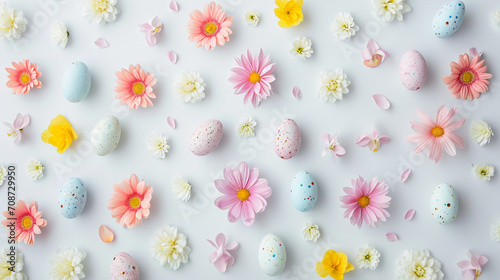 A subtle pattern of small pastel flowers and Easter eggs, Easter, pastel background, Flat lay, top view, with copy space