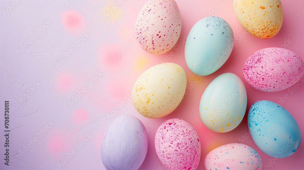 Easter eggs painted in pastel watercolors, arranged neatly, Easter, pastel background, Flat lay, top view, with copy space