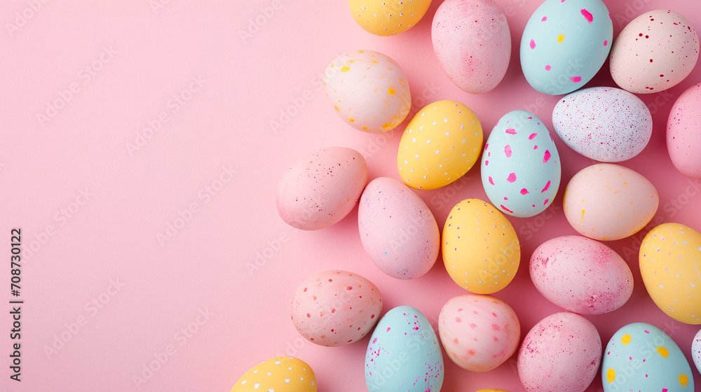 Easter eggs painted in pastel watercolors, arranged neatly, Easter, pastel background, Flat lay, top view, with copy space
