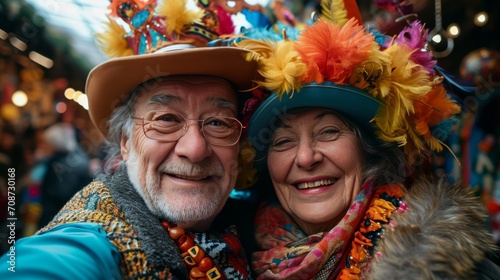 selfie of senior couple dressed up at carnival
