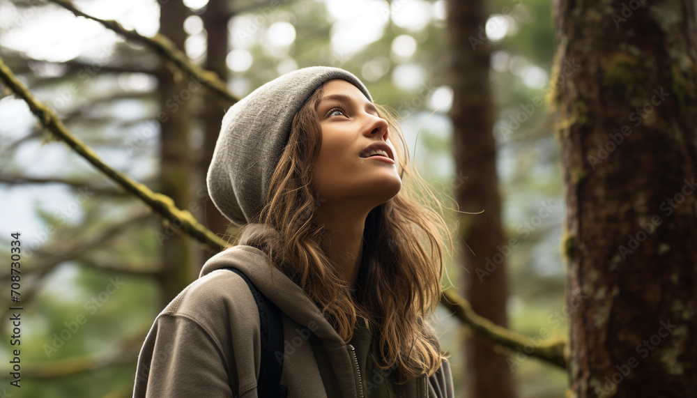 Young woman in autumn forest, enjoying nature beauty and smiling generated by AI Young woman in autumn forest, enjoying nature beauty and smiling generated by AI